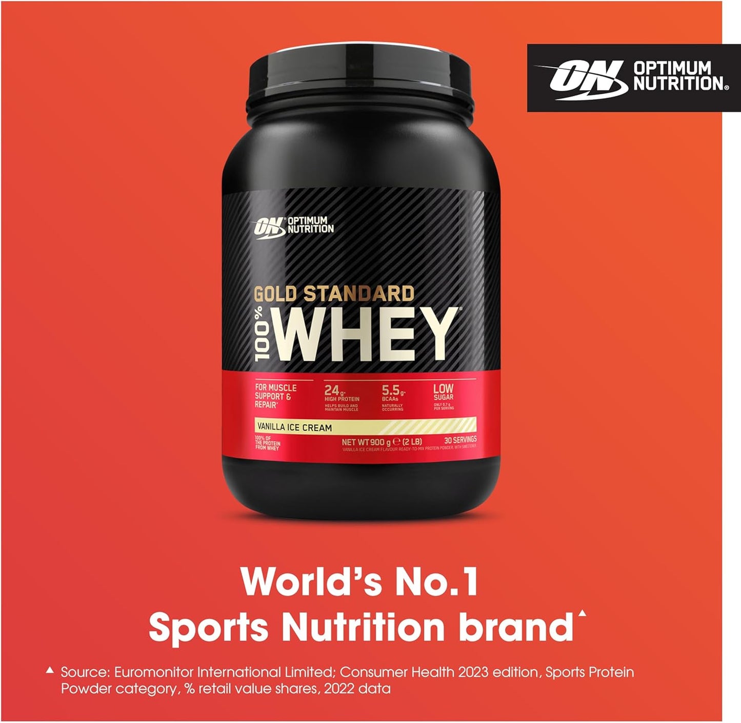 Gold Standard 100% Whey Muscle Building and Recovery Protein Powder with Naturally Occurring Glutamine and BCAA Amino Acids, Vanilla Ice Cream Flavour, 30 Servings, 900 G