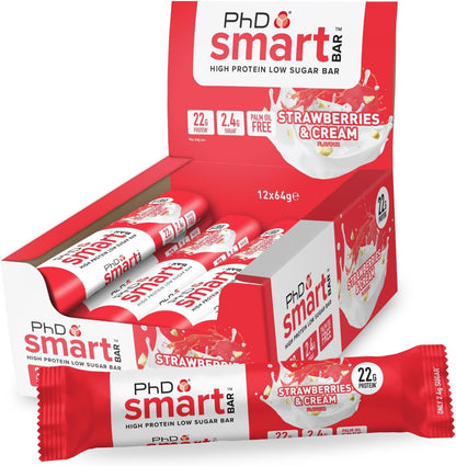 Nutrition Smart Protein Bar Low Calorie, Nutritional Protein Bars / Protein Snacks, High Protein Low Sugar, Strawberries and Cream Flavour, 20G of Protein, 64G Bar (12 Pack)