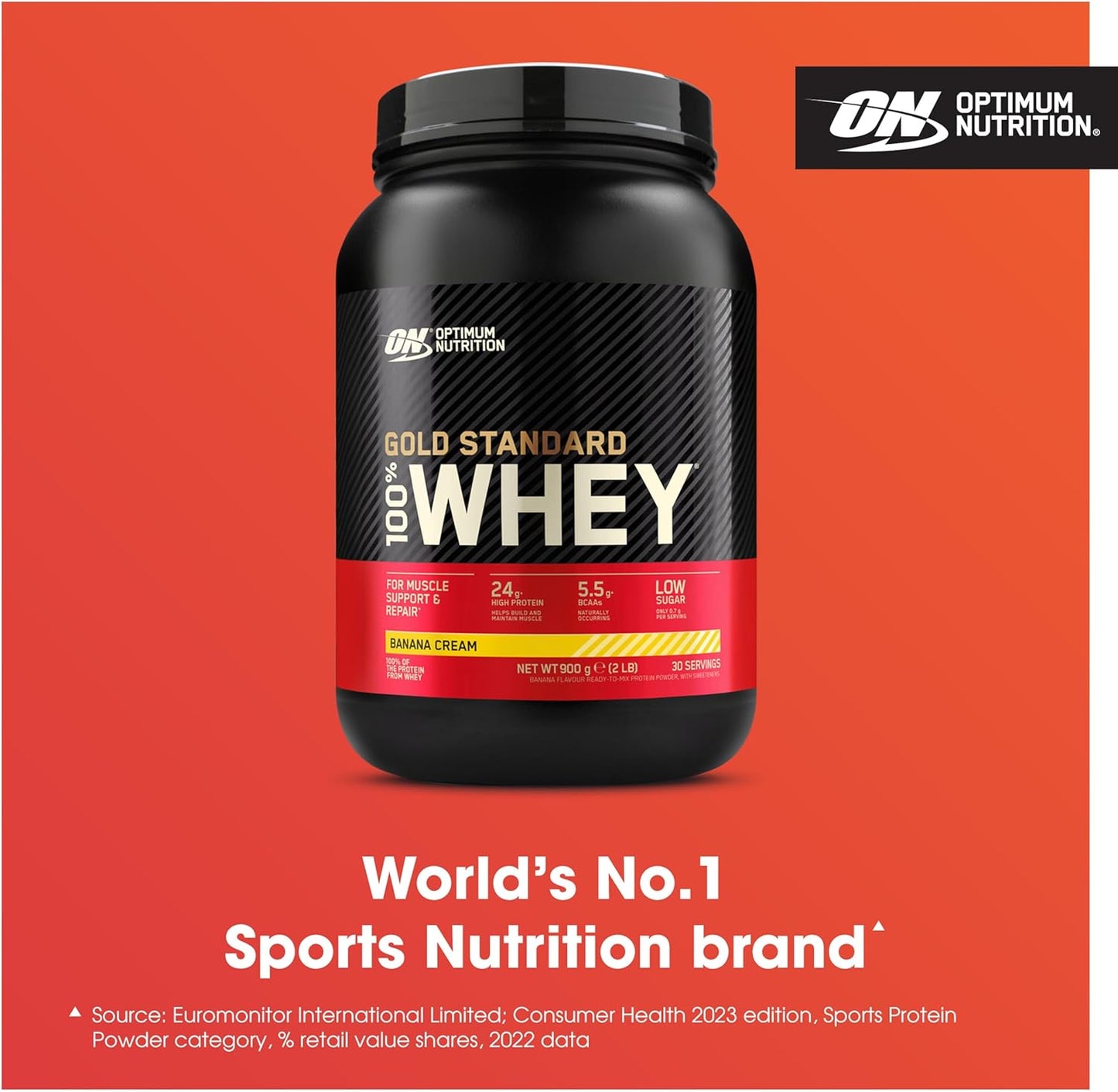 Gold Standard 100% Whey Muscle Building and Recovery Protein Powder with Naturally Occurring Glutamine and BCAA Amino Acids, Banana Cream Flavour, 30 Servings, 900 G