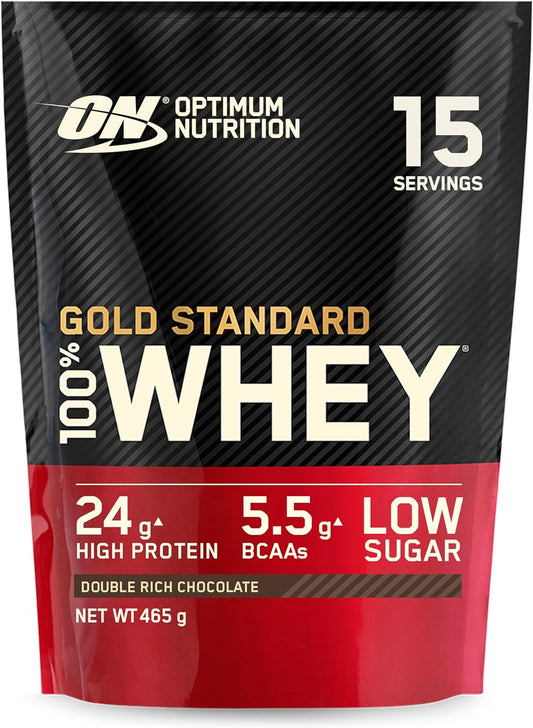 Gold Standard 100% Whey Muscle Building and Recovery Protein Powder with Naturally Occurring Glutamine and BCAA Amino Acids, Double Rich Chocolate Flavour, 15 Servings, 465 G