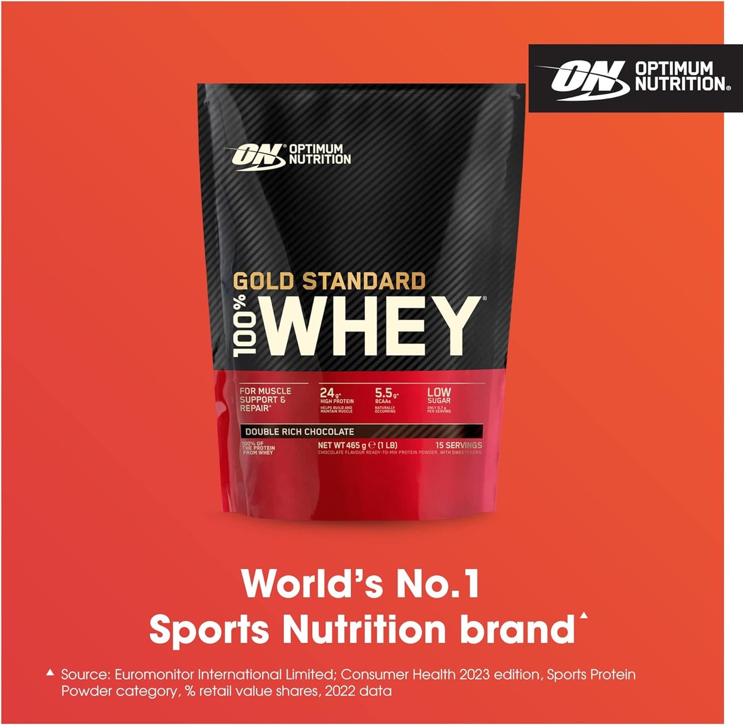 Gold Standard 100% Whey Muscle Building and Recovery Protein Powder with Naturally Occurring Glutamine and BCAA Amino Acids, Double Rich Chocolate Flavour, 15 Servings, 465 G