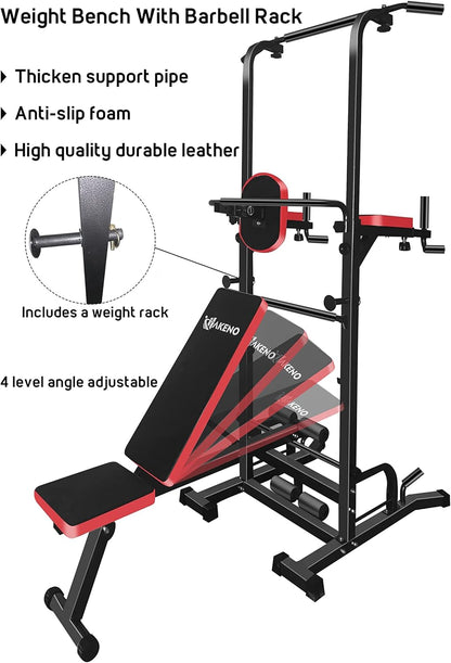 Multifunction Power Tower with Bench Pull up Bar Dip Station for Home Gym Squat Rack Adjustable Workout Strength Training Home Fitness Equipment 440LB