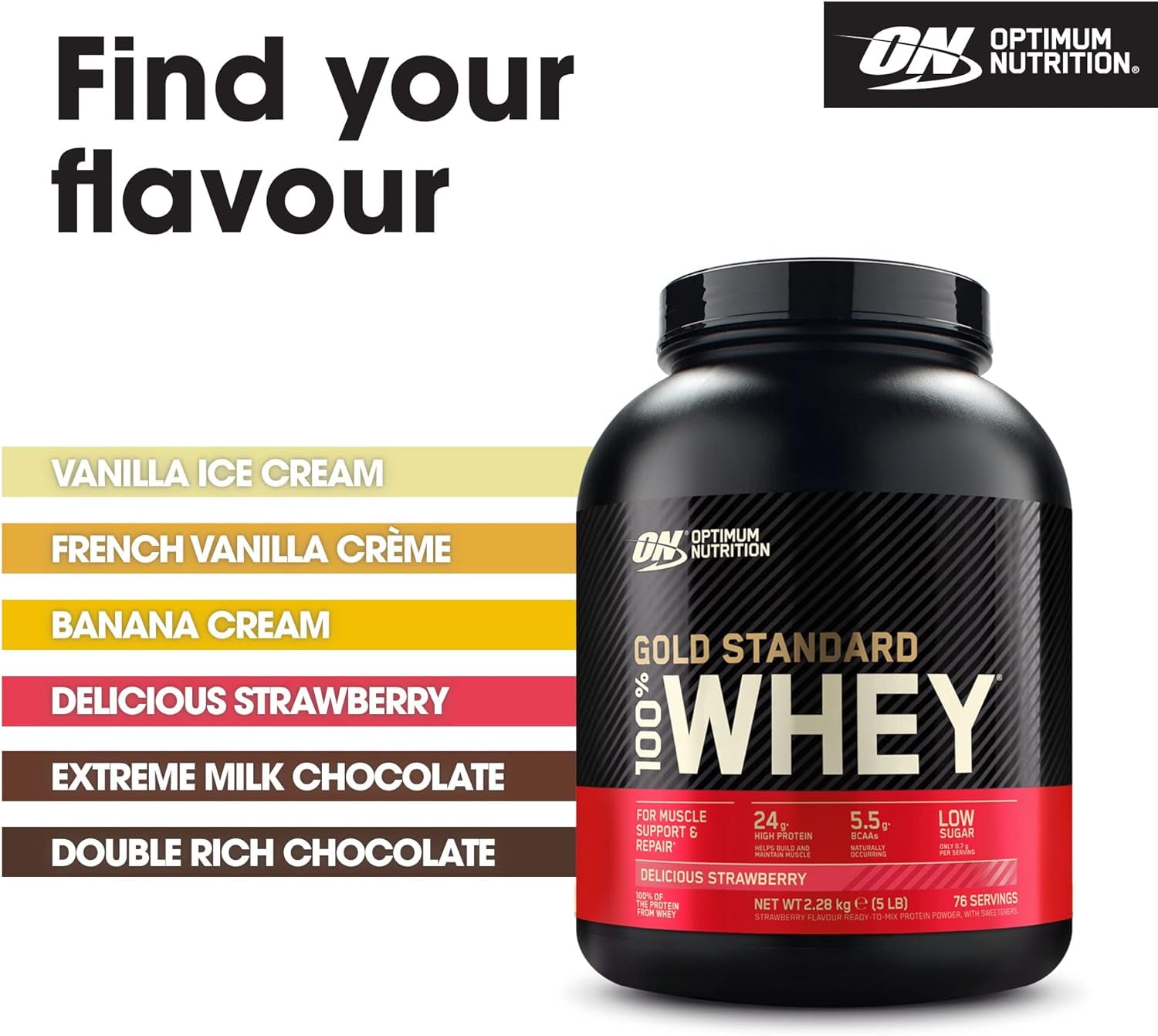 Gold Standard 100% Whey Muscle Building and Recovery Protein Powder with Naturally Occurring Glutamine and BCAA Amino Acids, Delicious Strawberry Flavour, 76 Servings, 2.28 Kg
