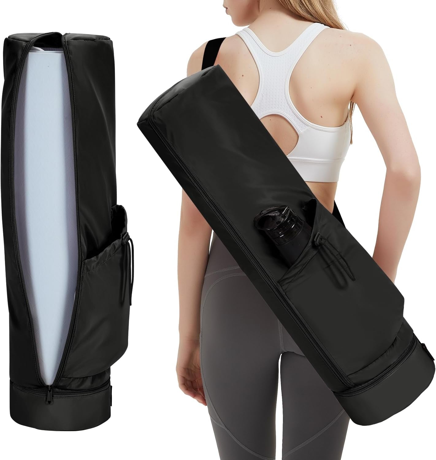 Yoga Mat Bag Large with Carrying Strap, Bottle Pocket and Wet Compartment, Long Pilates Bag with Full Zipper for Thick Mat, Patent Pending