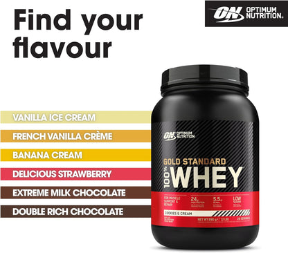 Gold Standard 100% Whey Protein, Muscle Building Powder with Naturally Occurring Glutamine and BCAA Amino Acids, Cookies and Cream Flavour, 28 Servings, 896 G