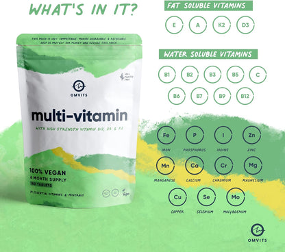 Vegan Multivitamins & Minerals - with High Strength Vitamin B12, D3, K2 & Iron - 180 Tablets in 100% Plastic-Free Packaging - 6 Month Supply - Advanced Supplement for Men & Women - Palm Oil & GMO Free