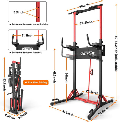 Foldable Power Tower Dip Station & Strength Tower, Height-Adjustable Multifunctional Power Station with Pull-Up Bar, Push-Up Handles, Heavy Strength Training Equipment for Gyms