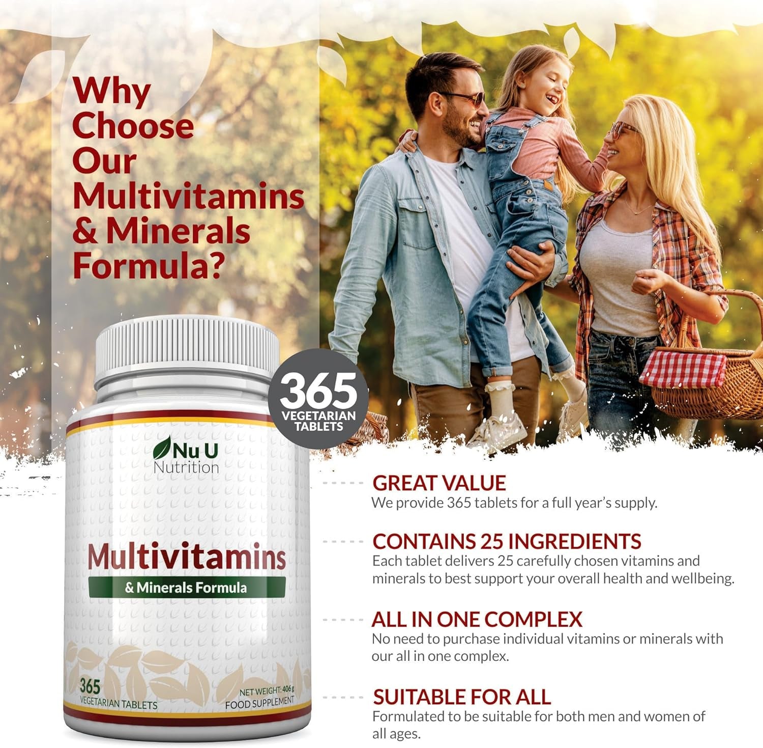 Multivitamin Tablets for Men & Women - 365 Tablets - 1 Year Supply - 25 A-Z Multivitamins & Minerals Including Iron, Zinc & Vitamin D - One a Day - Made in the UK