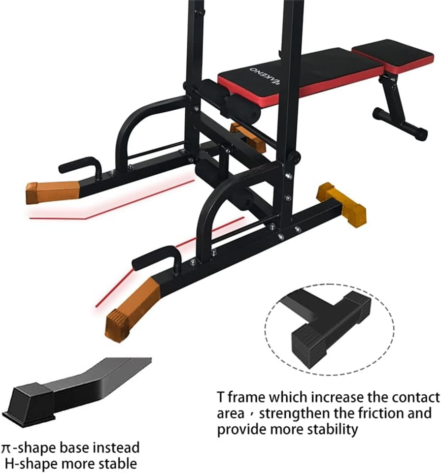 Multifunction Power Tower with Bench Pull up Bar Dip Station for Home Gym Squat Rack Adjustable Workout Strength Training Home Fitness Equipment 440LB