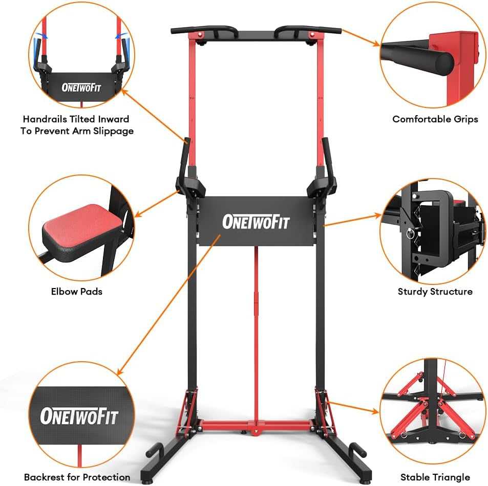 Foldable Power Tower Dip Station & Strength Tower, Height-Adjustable Multifunctional Power Station with Pull-Up Bar, Push-Up Handles, Heavy Strength Training Equipment for Gyms