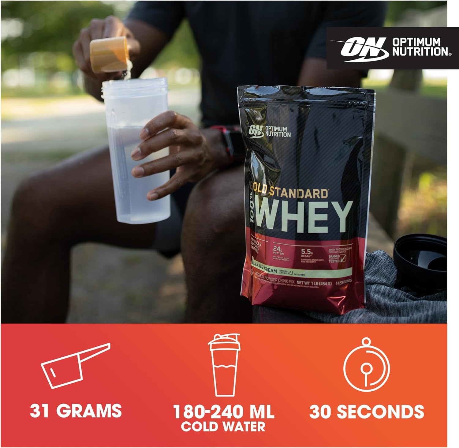Gold Standard 100% Whey Muscle Building and Recovery Protein Powder with Naturally Occurring Glutamine and BCAA Amino Acids, Vanilla Ice Cream Flavour, 15 Servings, 450 G