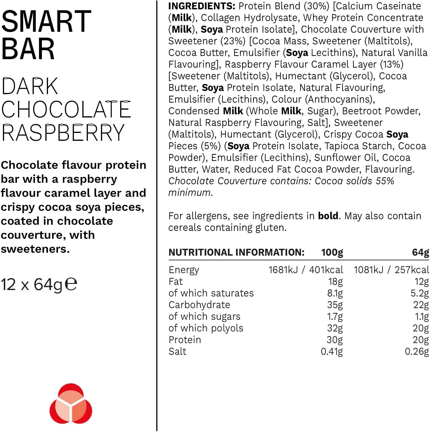 Smart Hight Protein Bar Low Sugar, Nutritional Protein Bars/Protein Snacks, Chocolate Raspberry Flavour, 20G of Protein, 64G Bar (12 Pack)