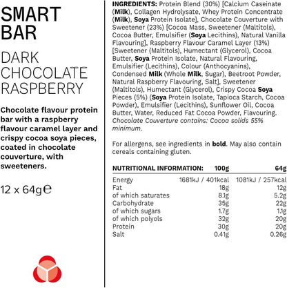 Smart Hight Protein Bar Low Sugar, Nutritional Protein Bars/Protein Snacks, Chocolate Raspberry Flavour, 20G of Protein, 64G Bar (12 Pack)