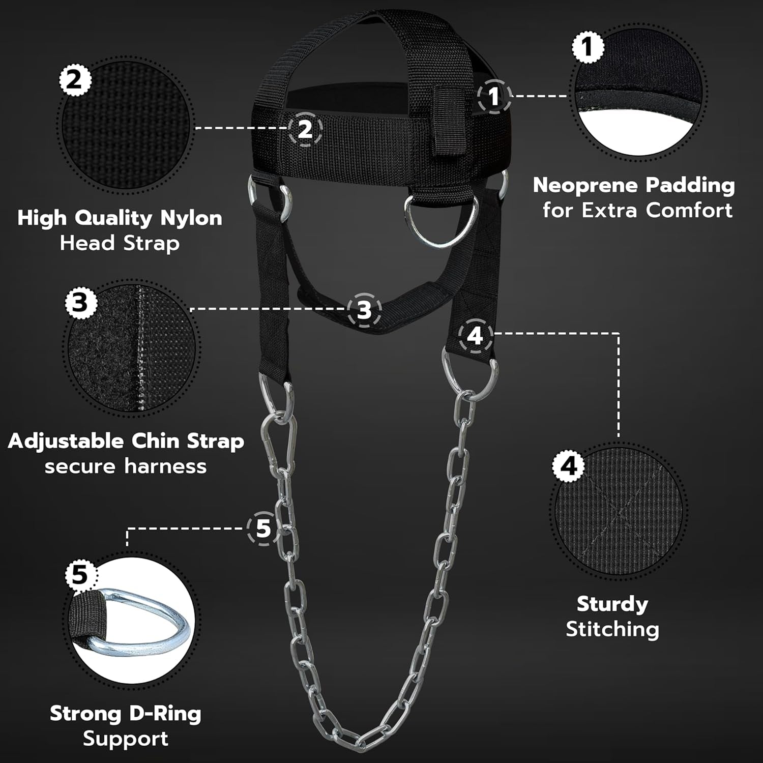 Adjustable Head Harness Dipping Neck Builder with D-Hook Attachment Weight Lifting Chain Harness