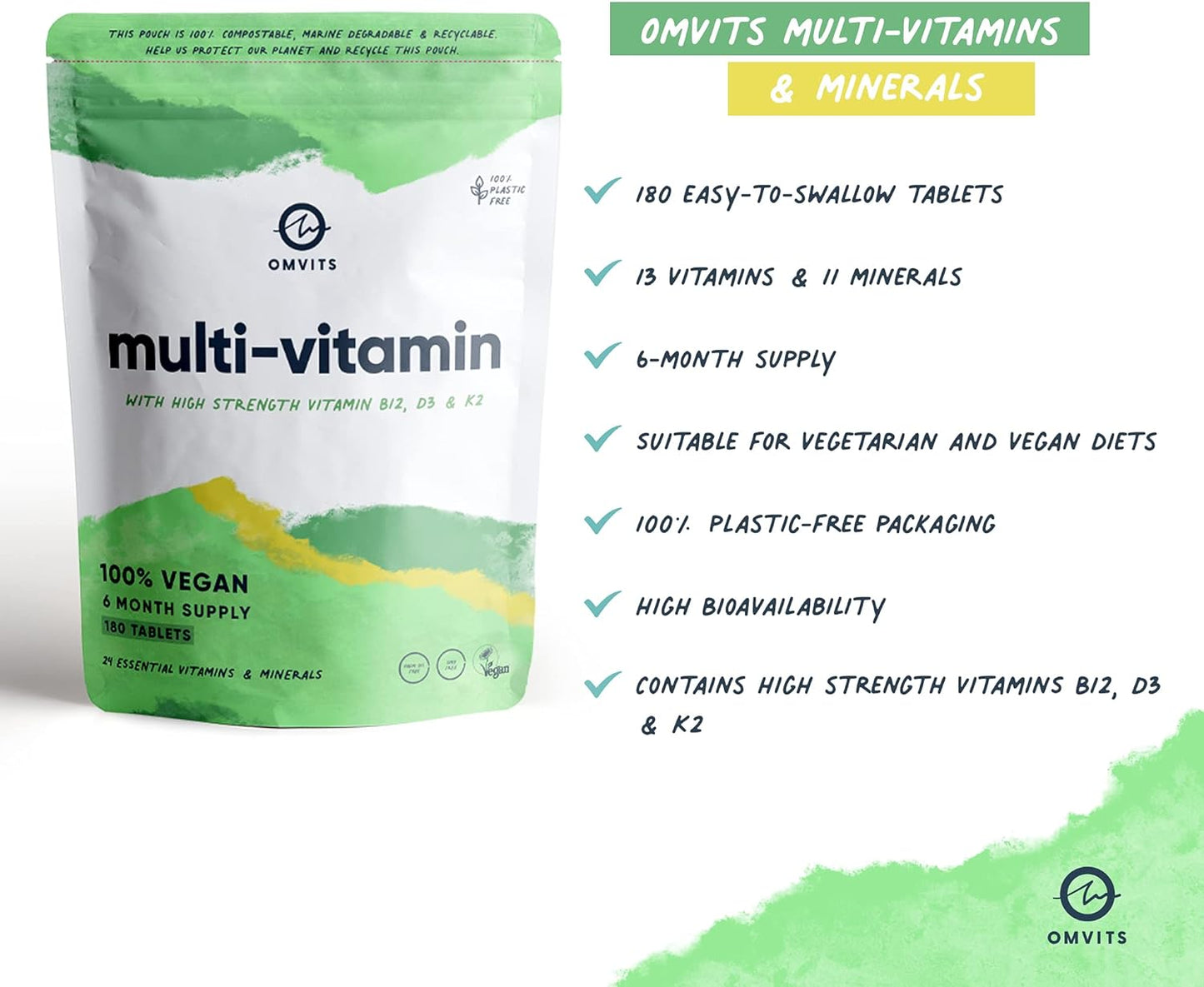 Vegan Multivitamins & Minerals - with High Strength Vitamin B12, D3, K2 & Iron - 180 Tablets in 100% Plastic-Free Packaging - 6 Month Supply - Advanced Supplement for Men & Women - Palm Oil & GMO Free