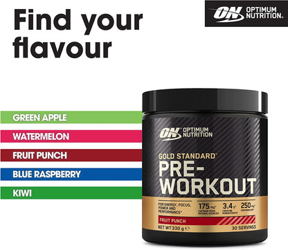 Gold Standard Pre Workout Powder, Energy Drink with Creatine Monohydrate, Beta Alanine, Caffeine and Vitamin B Complex, Fruit Punch, 30 Servings, 330G, Packaging May Vary