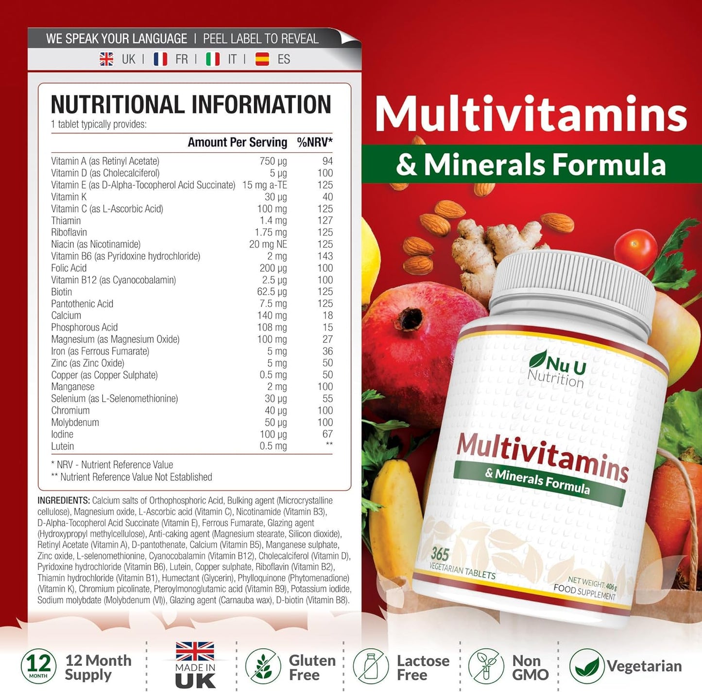 Multivitamin Tablets for Men & Women - 365 Tablets - 1 Year Supply - 25 A-Z Multivitamins & Minerals Including Iron, Zinc & Vitamin D - One a Day - Made in the UK