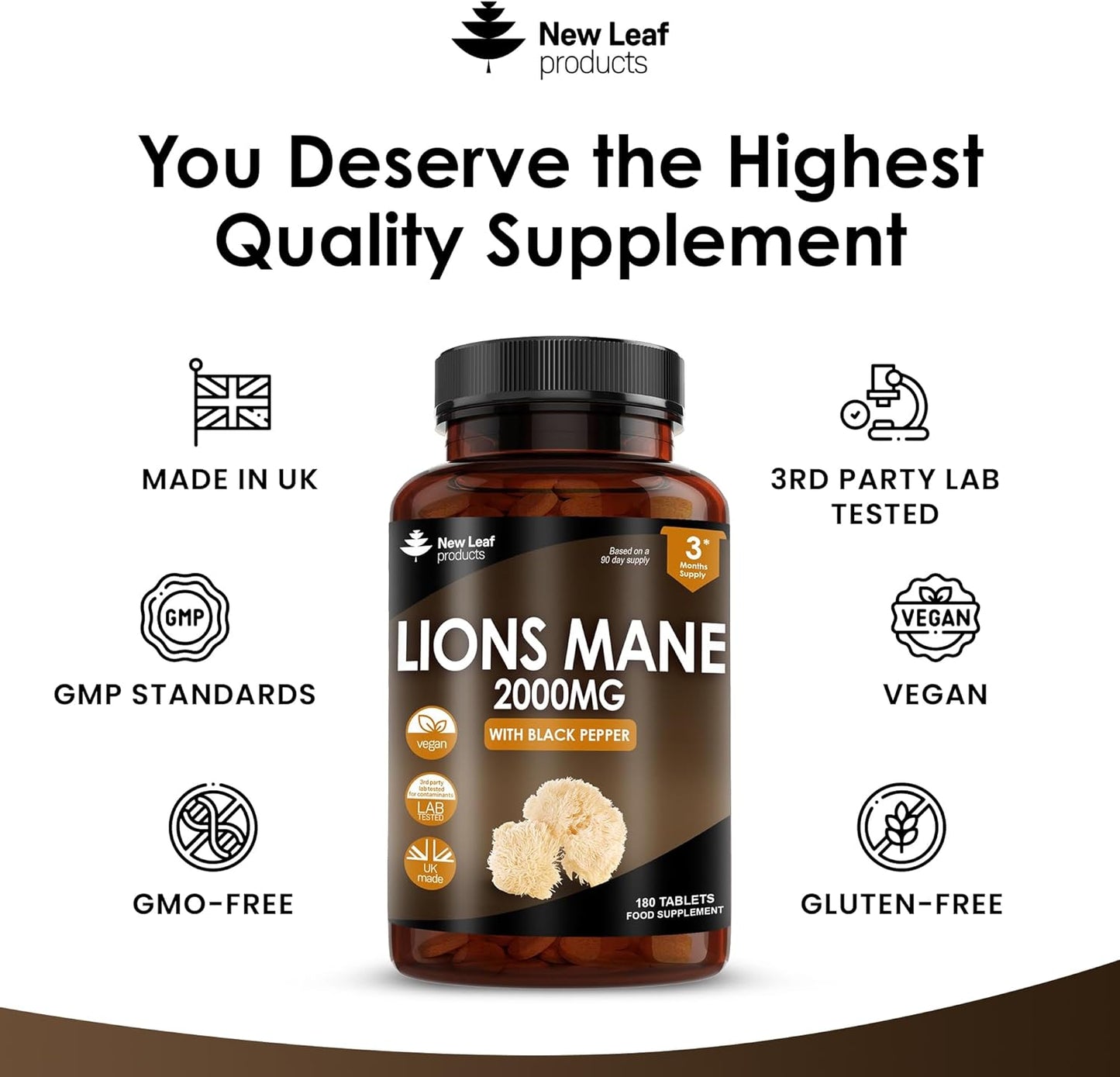 Lions Mane Mushroom Extract Supplement 2000Mg - 180 High Strength Vegan Tablets with Black Pepper - (Not Powder or Capsules) Made in the UK by