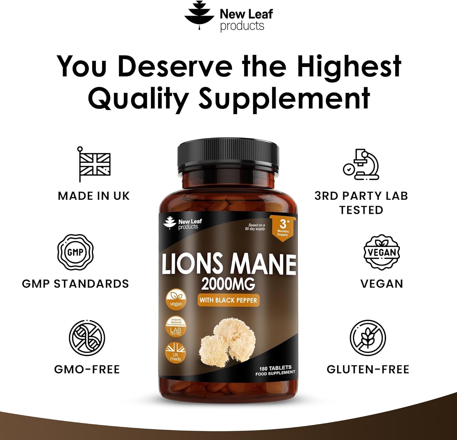 Lions Mane Mushroom Extract Supplement 2000Mg - 180 High Strength Vegan Tablets with Black Pepper - (Not Powder or Capsules) Made in the UK by