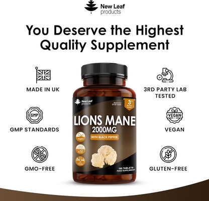 Lions Mane Mushroom Extract Supplement 2000Mg - 180 High Strength Vegan Tablets with Black Pepper - (Not Powder or Capsules) Made in the UK by