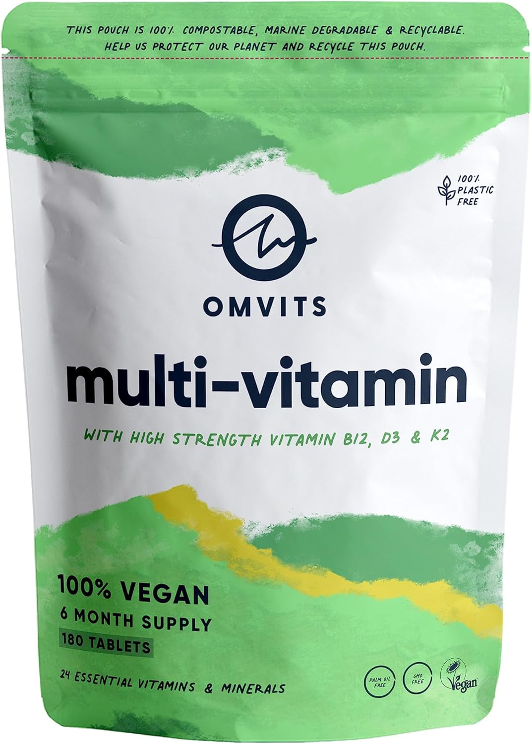 Vegan Multivitamins & Minerals - with High Strength Vitamin B12, D3, K2 & Iron - 180 Tablets in 100% Plastic-Free Packaging - 6 Month Supply - Advanced Supplement for Men & Women - Palm Oil & GMO Free