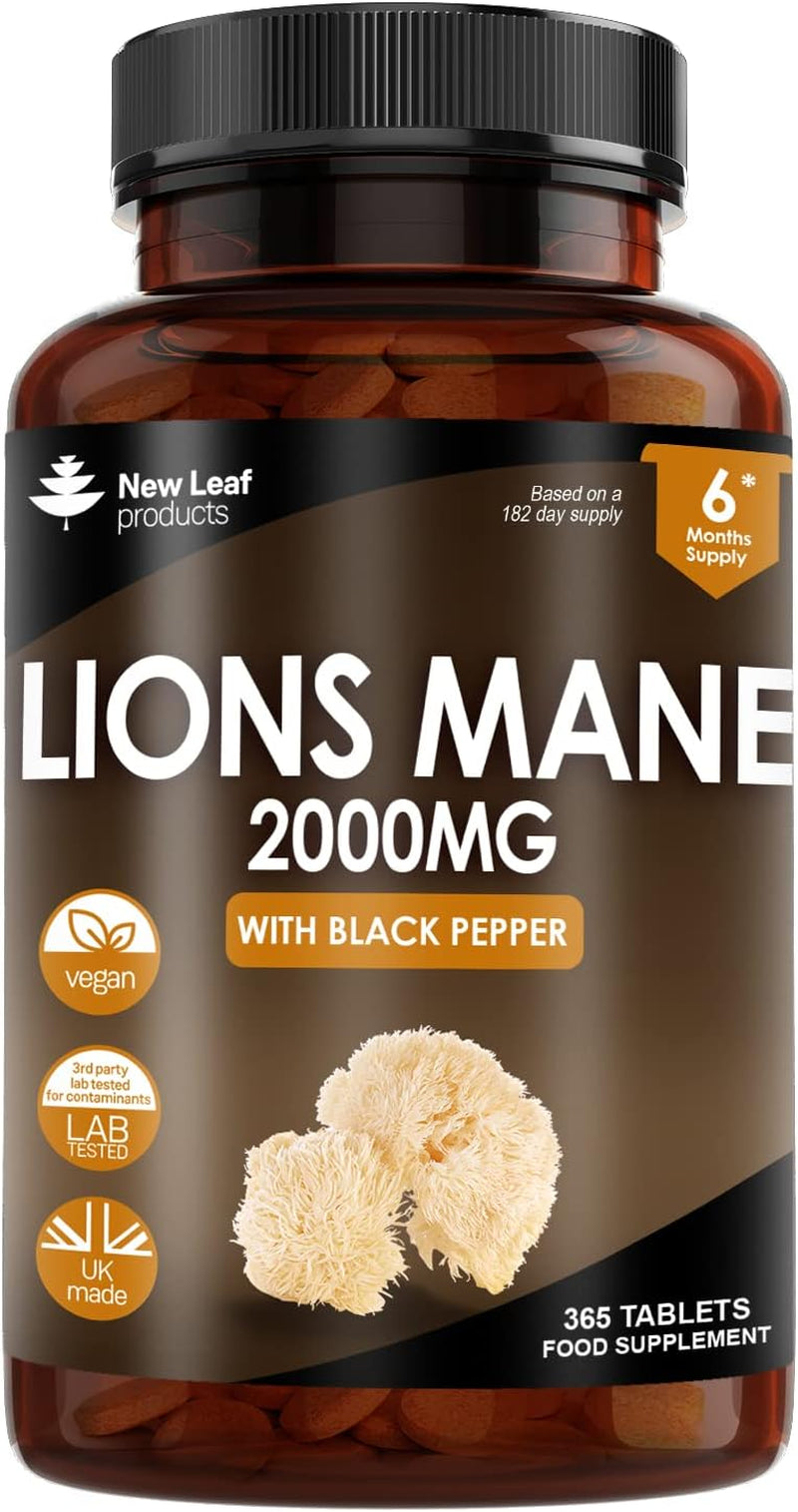 Lions Mane Mushroom 2000Mg - 365 High Strength Vegan Tablets - Lion'S Mane Supplement with Black Pepper - Lion'S Mane Mushrooms Extract (Not Powder or Capsules) Made in the UK by