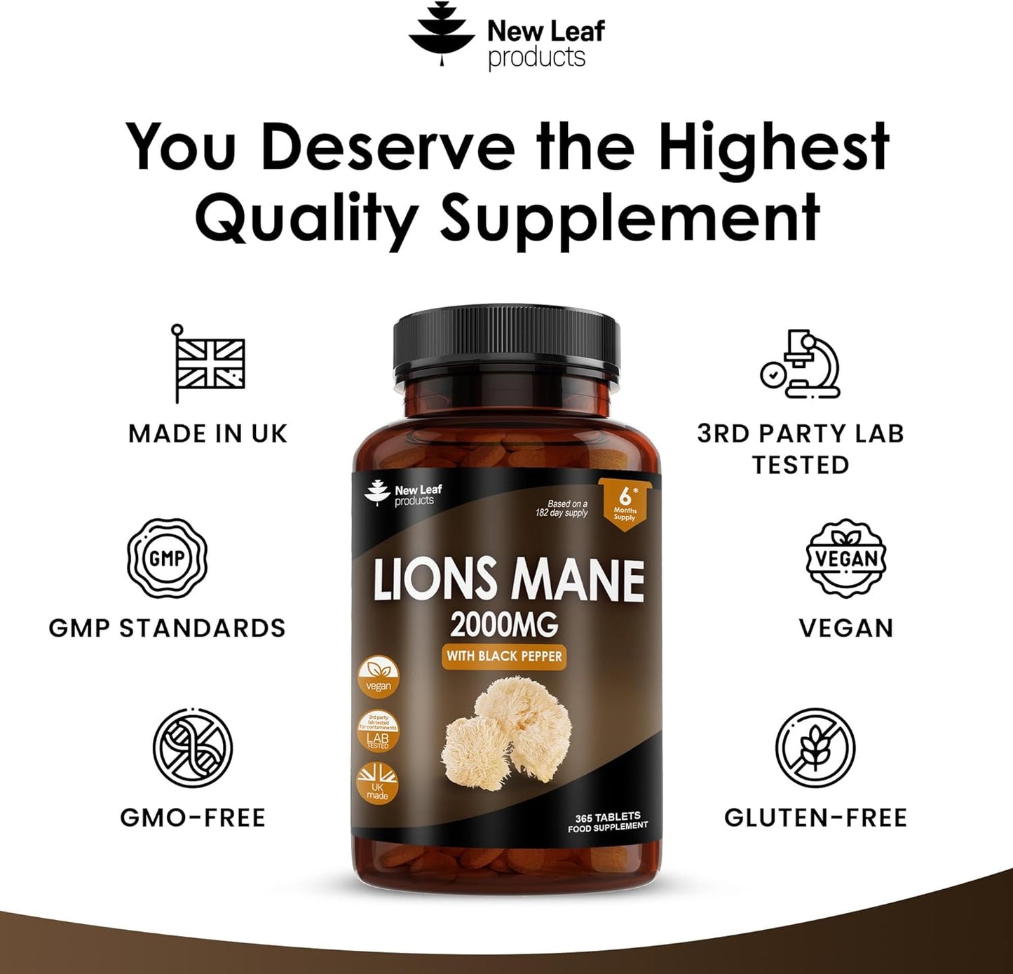 Lions Mane Mushroom 2000Mg - 365 High Strength Vegan Tablets - Lion'S Mane Supplement with Black Pepper - Lion'S Mane Mushrooms Extract (Not Powder or Capsules) Made in the UK by