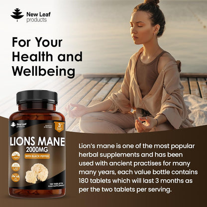 Lions Mane Mushroom Extract Supplement 2000Mg - 180 High Strength Vegan Tablets with Black Pepper - (Not Powder or Capsules) Made in the UK by