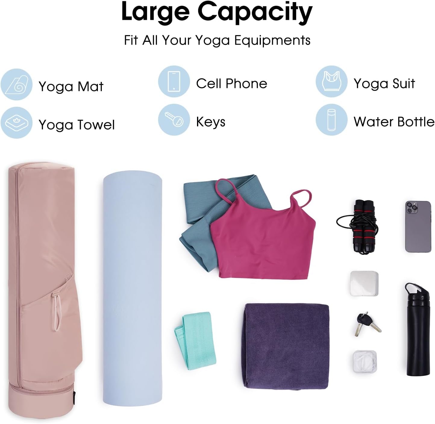 Yoga Mat Bag Large with Carrying Strap, Bottle Pocket and Wet Compartment, Long Pilates Bag with Full Zipper for Thick Mat, Patent Pending