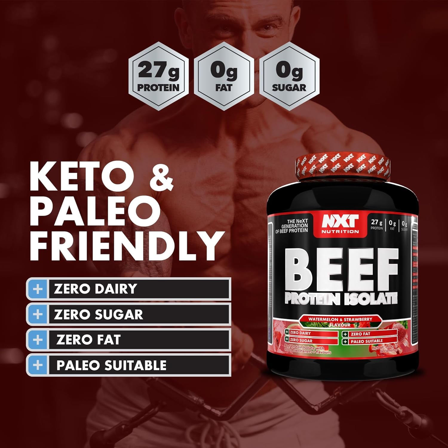 Beef Protein Isolate Powder - Protein Powder High in Natural Amino Acids - Paleo, Keto Friendly - Dairy and Gluten Free - Muscle Recovery | 1.8Kg (Watermelon & Strawberry)