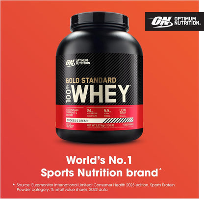 Gold Standard 100% Whey Protein, Muscle Building Powder with Naturally Occurring Glutamine and BCAA Amino Acids, Cookies and Cream Flavour, 71 Servings, 2.27 Kg