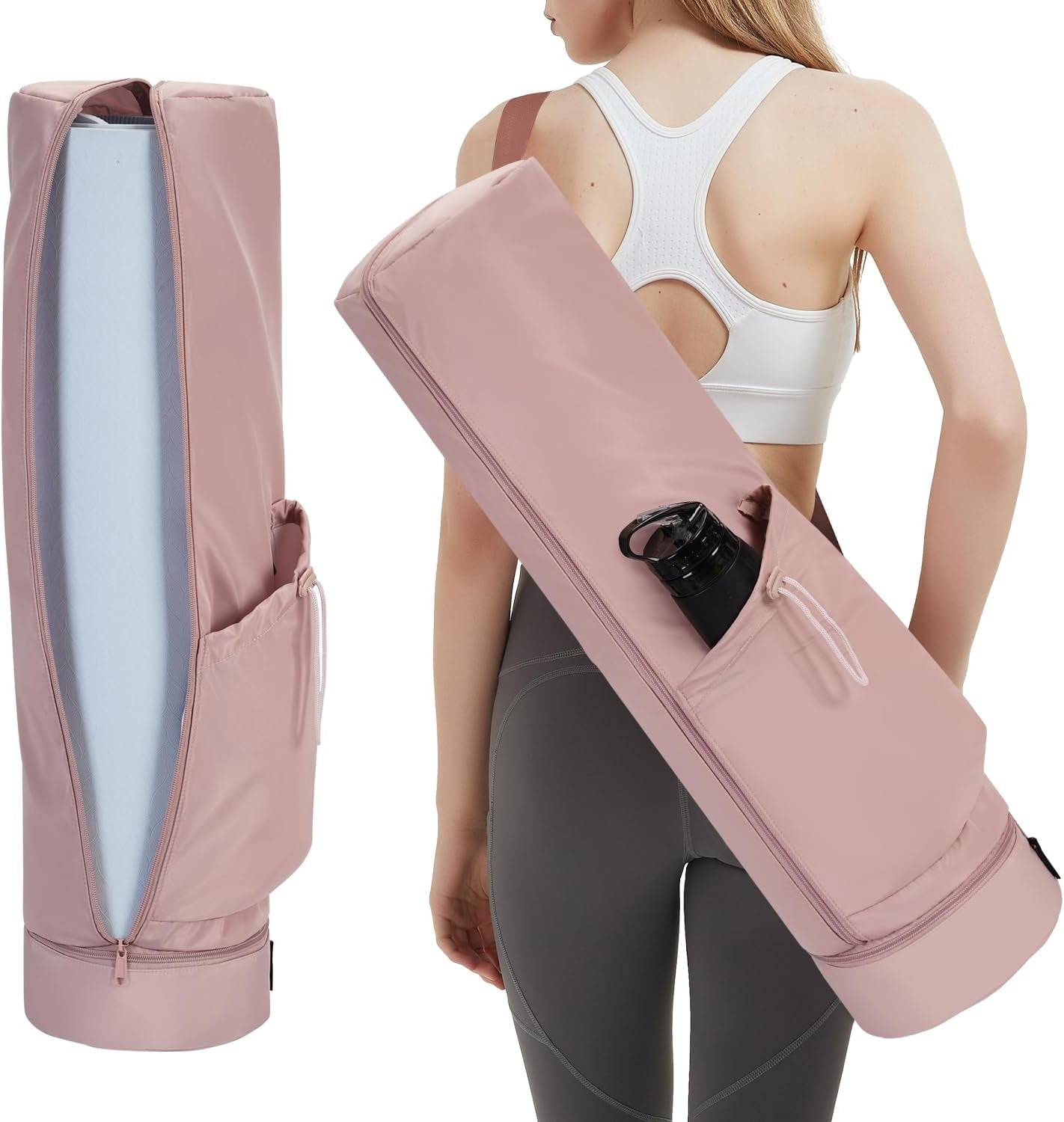 Yoga Mat Bag Large with Carrying Strap, Bottle Pocket and Wet Compartment, Long Pilates Bag with Full Zipper for Thick Mat, Patent Pending
