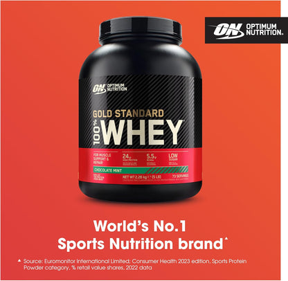 Gold Standard 100% Whey Muscle Building and Recovery Protein Powder with Naturally Occurring Glutamine and BCAA Amino Acids, Chocolate Mint Flavour, 73 Servings, 2.26 Kg