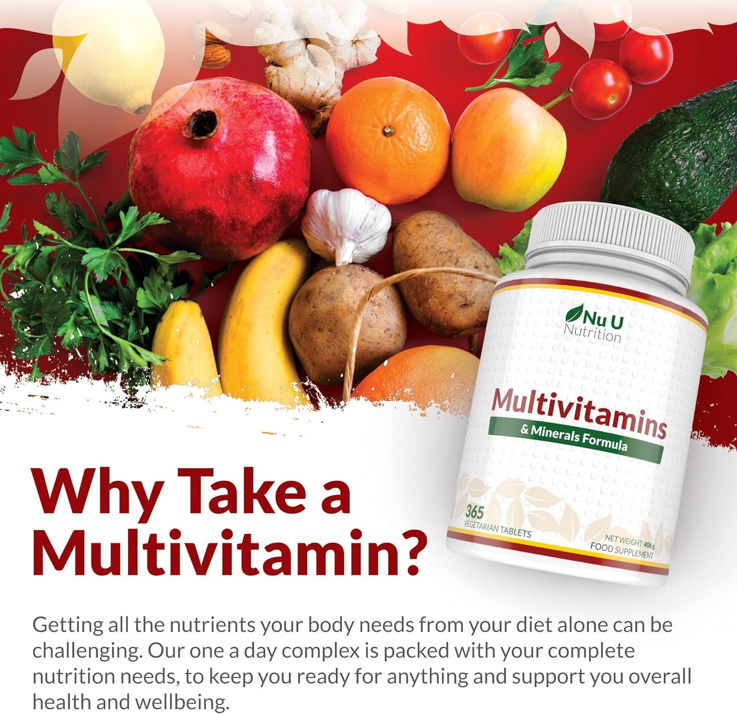 Multivitamin Tablets for Men & Women - 365 Tablets - 1 Year Supply - 25 A-Z Multivitamins & Minerals Including Iron, Zinc & Vitamin D - One a Day - Made in the UK