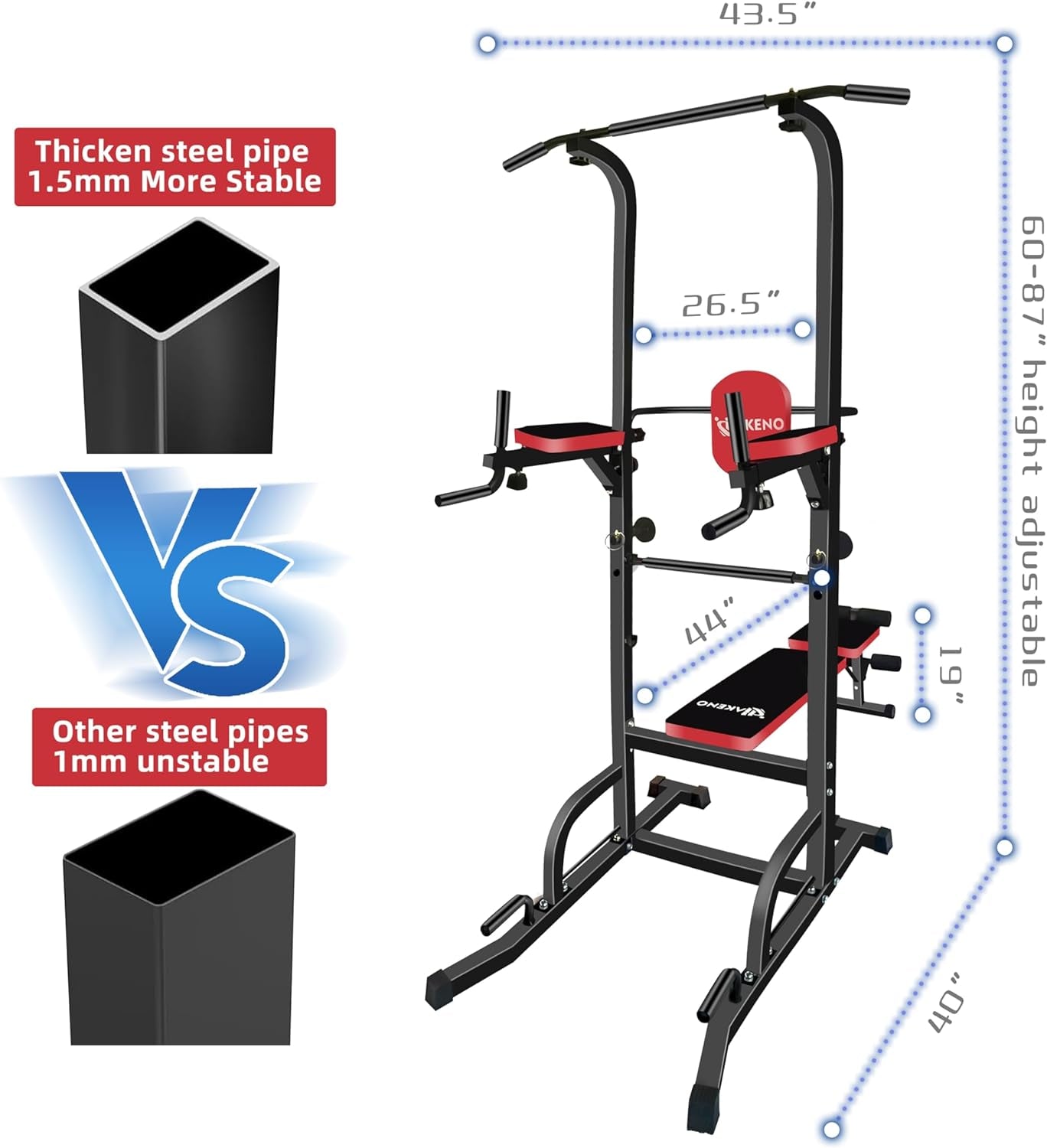 Multifunction Power Tower with Bench Pull up Bar Dip Station for Home Gym Squat Rack Adjustable Workout Strength Training Home Fitness Equipment 440LB