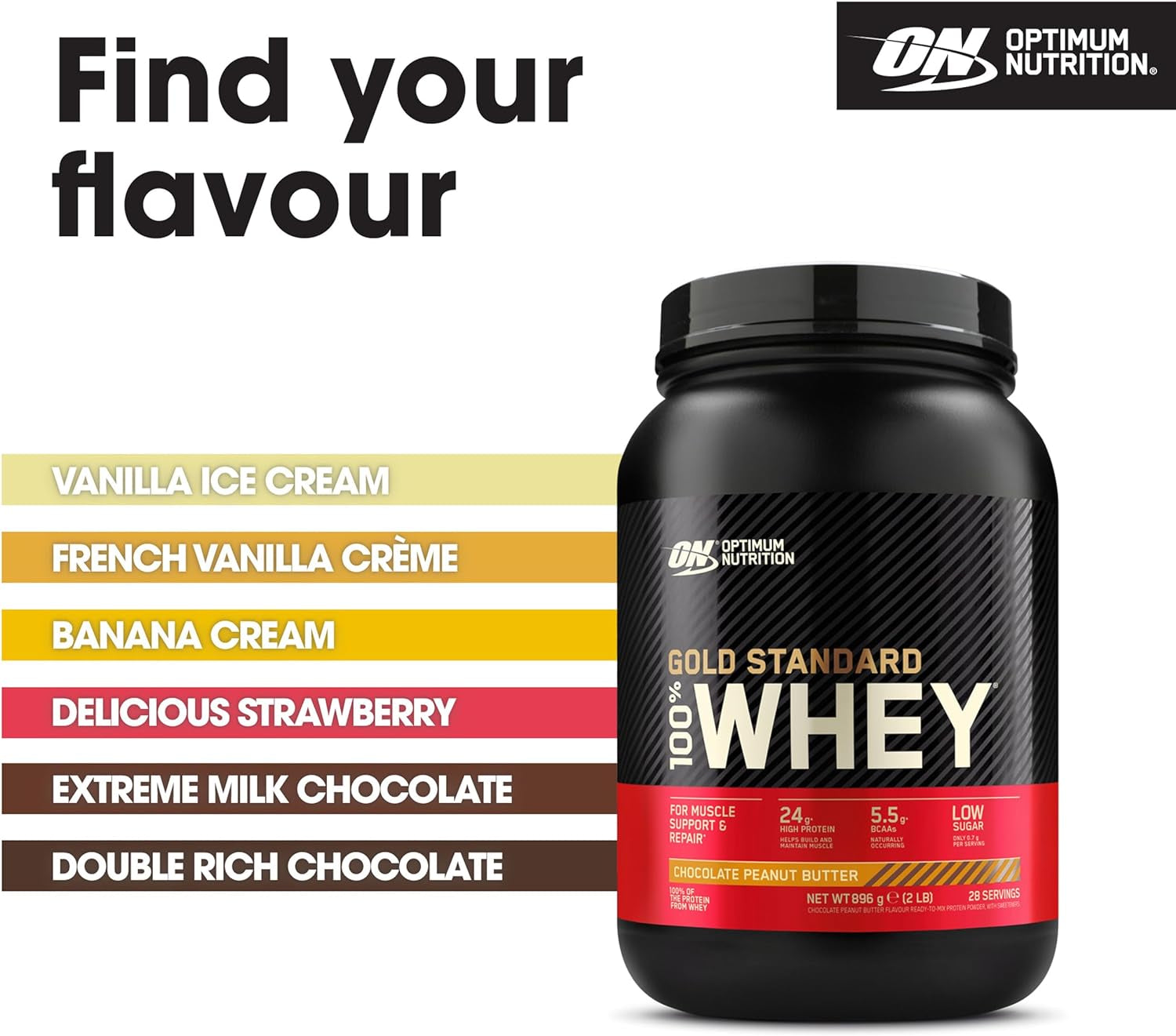 Gold Standard 100% Whey Protein, Muscle Building Powder with Naturally Occurring Glutamine and BCAA Amino Acids, Chocolate Peanut Butter Flavour, 28 Servings, 896 G