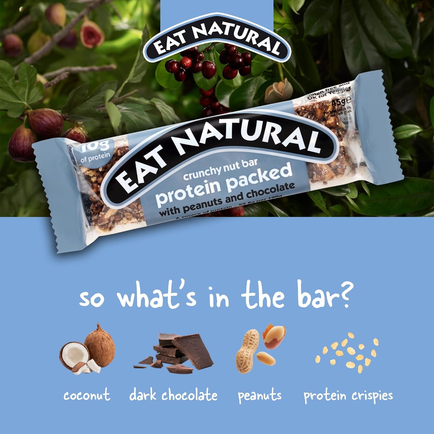 Protein Bars, Protein Packed Peanuts & Chocolate Nut Bar — 20 X 45G Snack Bars, Gluten Free Cereal Bars — Seriously Crunchy Snacks with Soya Crispies, Shredded Coconut