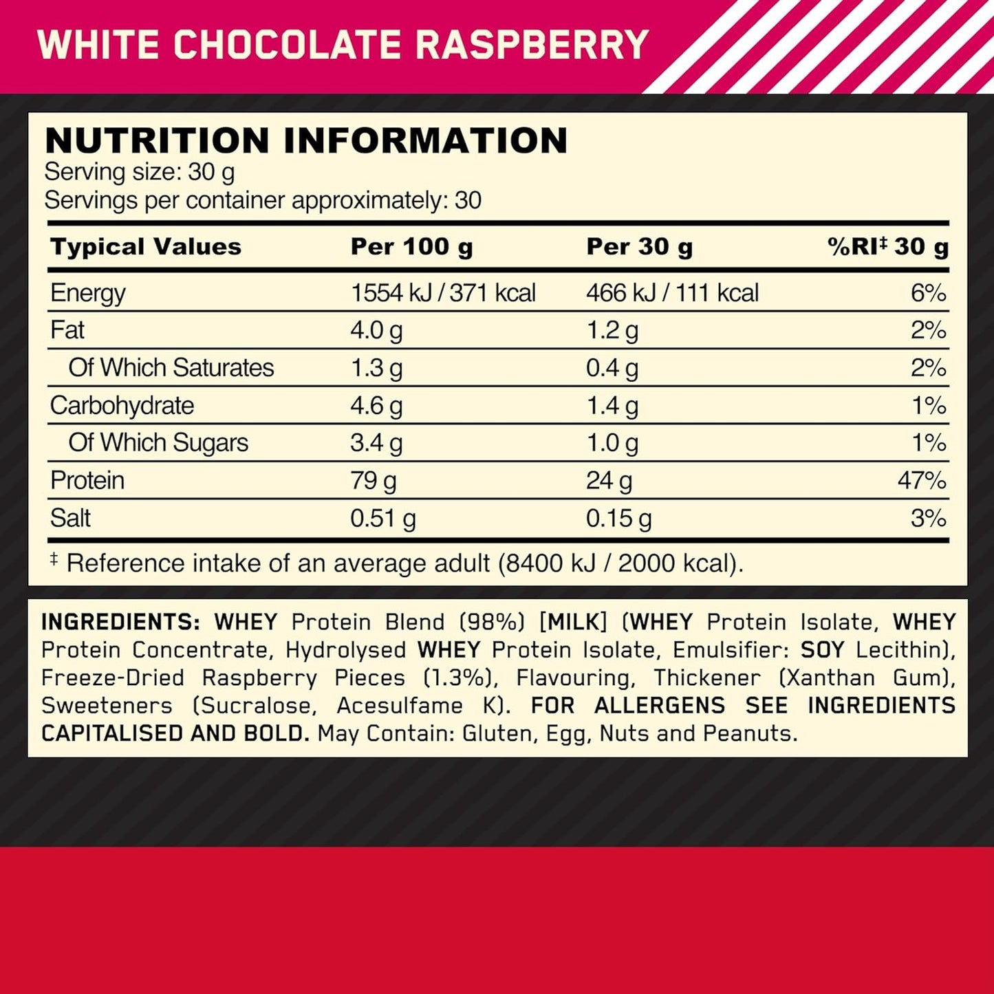 Gold Standard 100% Whey Muscle Building and Recovery Protein Powder with Naturally Occurring Glutamine and BCAA Amino Acids, White Chocolate Raspberry Flavour, 30 Servings, 900 G