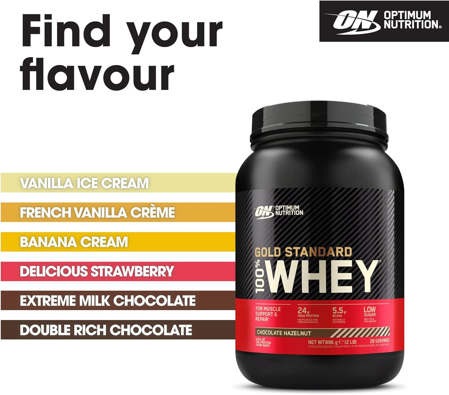 Gold Standard 100% Whey Muscle Building and Recovery Protein Powder with Naturally Occurring Glutamine and BCAA Amino Acids, Chocolate Hazelnut Flavour, 28 Servings, 896 G